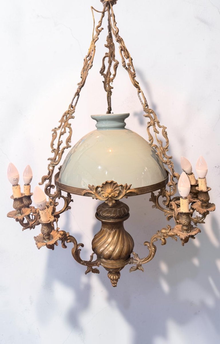 Lustre en Bronze et Laiton avec cloche en Opaline - Italie, début du XXe siècle-photo-1